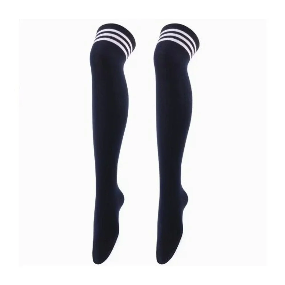 Black with 3 White Stripes Over the Knee Thigh High Socks ONE SIZE Emo NEW
